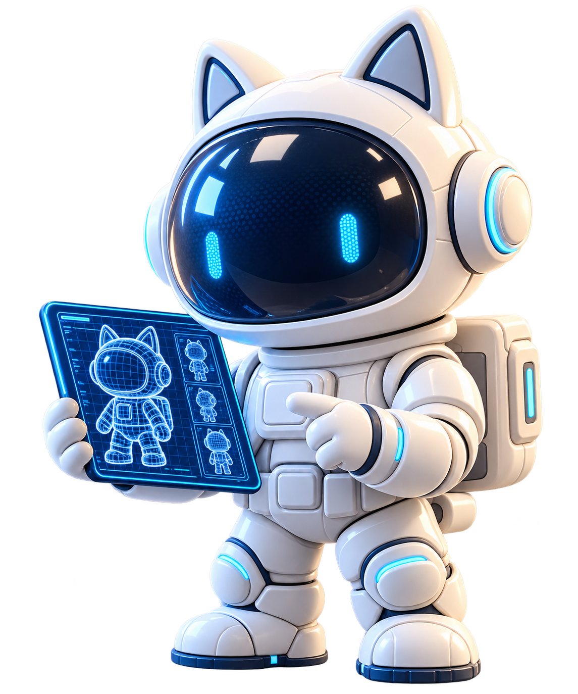 AI-generated concept illustration of MoonPact’s astronaut-cat character holding a design tablet